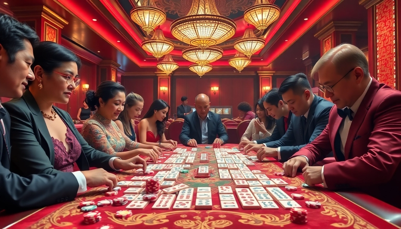 Engaged players strategizing their winning moves in link mahjong at a luxurious casino table.