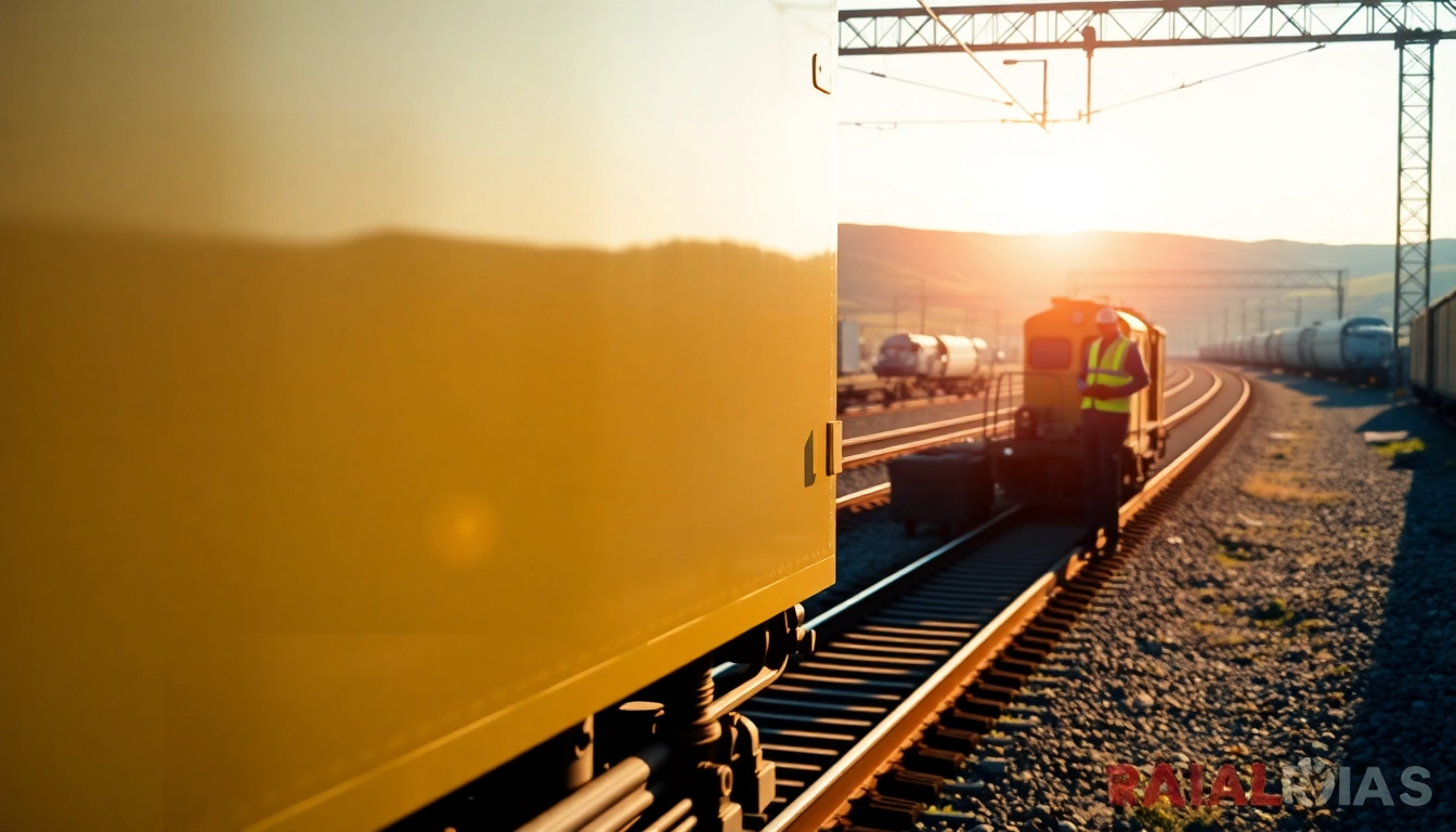Inspecting railroad engineering tracks with a locomotive in a bright railway yard.