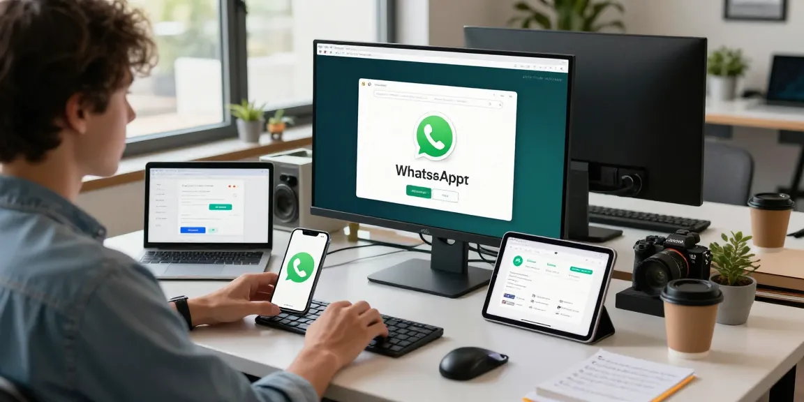 WhatsApp下載 the latest version on a modern workspace with devices and tech paraphernalia.
