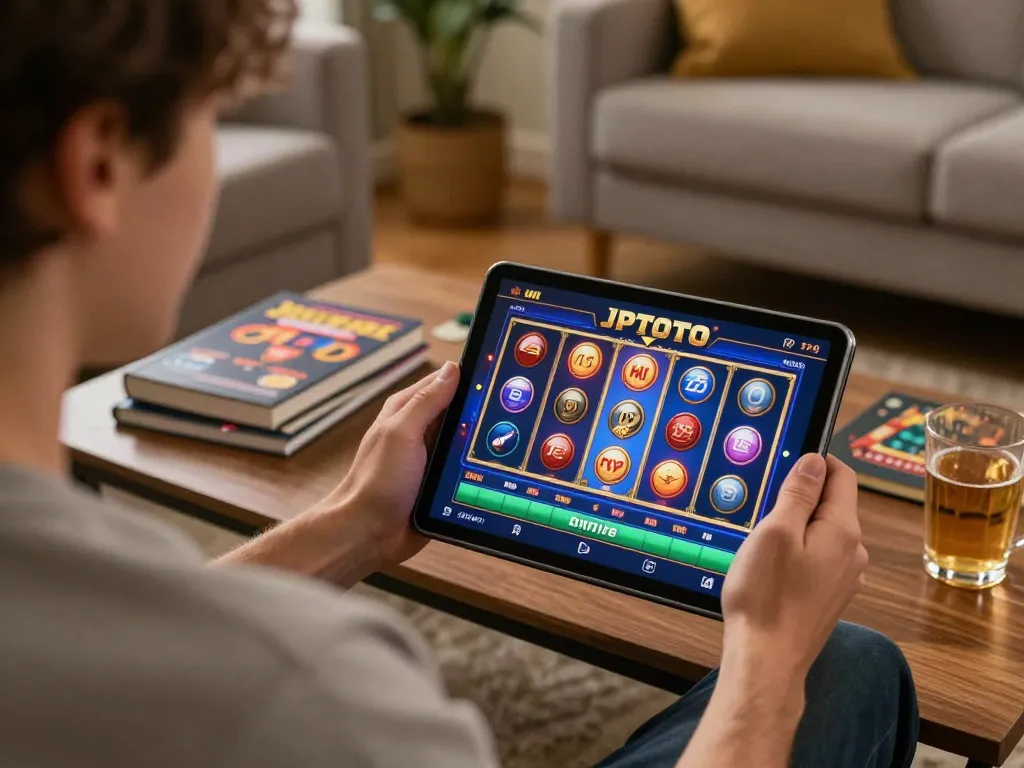 Player engaging in JPTOTO online gaming session, showcasing vibrant slot interface on tablet in a cozy living room.