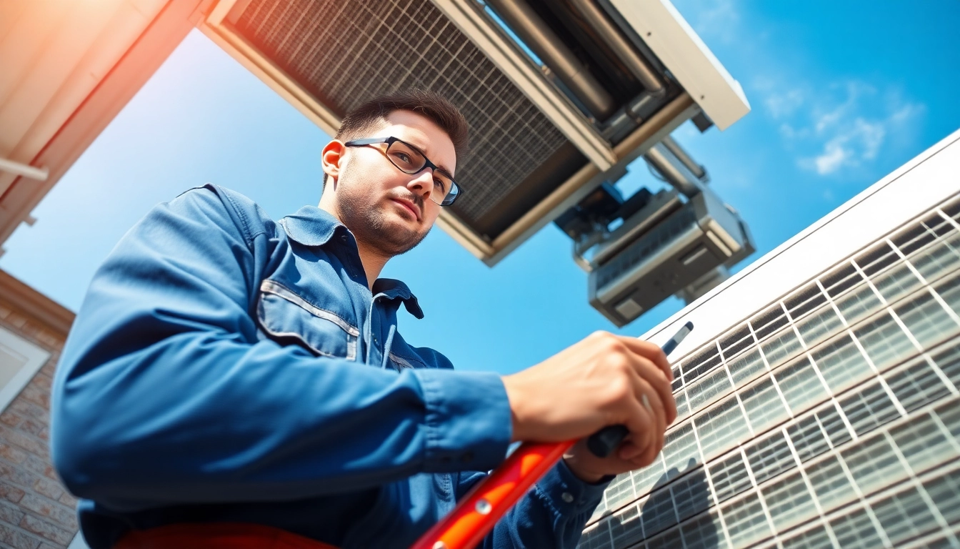Alberta HVAC dealer technician servicing an air conditioning unit in sunny surroundings.