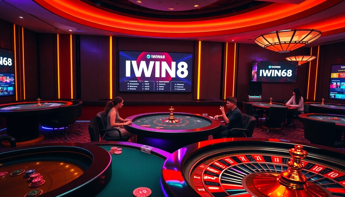 IWIN68 players engaging with professional gaming tables, celebrating wins in a vibrant casino atmosphere.