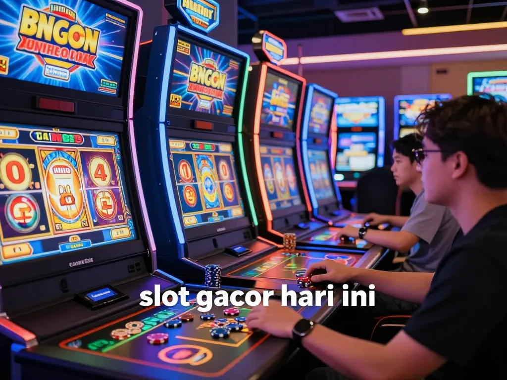 Suasana kasino online yang menarik menunjukkan pemain menikmati slot gacor hari ini di tengah mesin permainan berwarna-warni dan token.