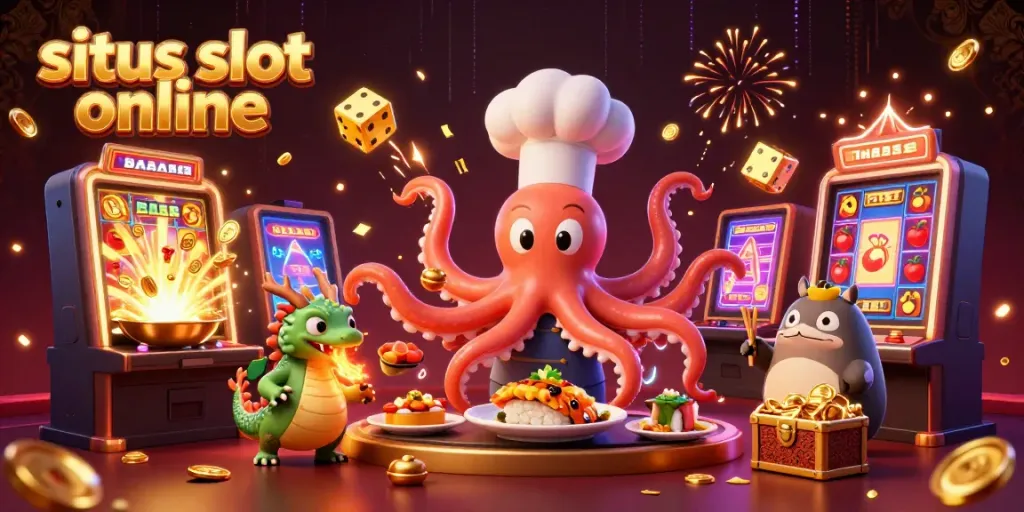 Situs slot online dengan koin emas dan simbol keberuntungan di tengah suasana kasino ceria.
