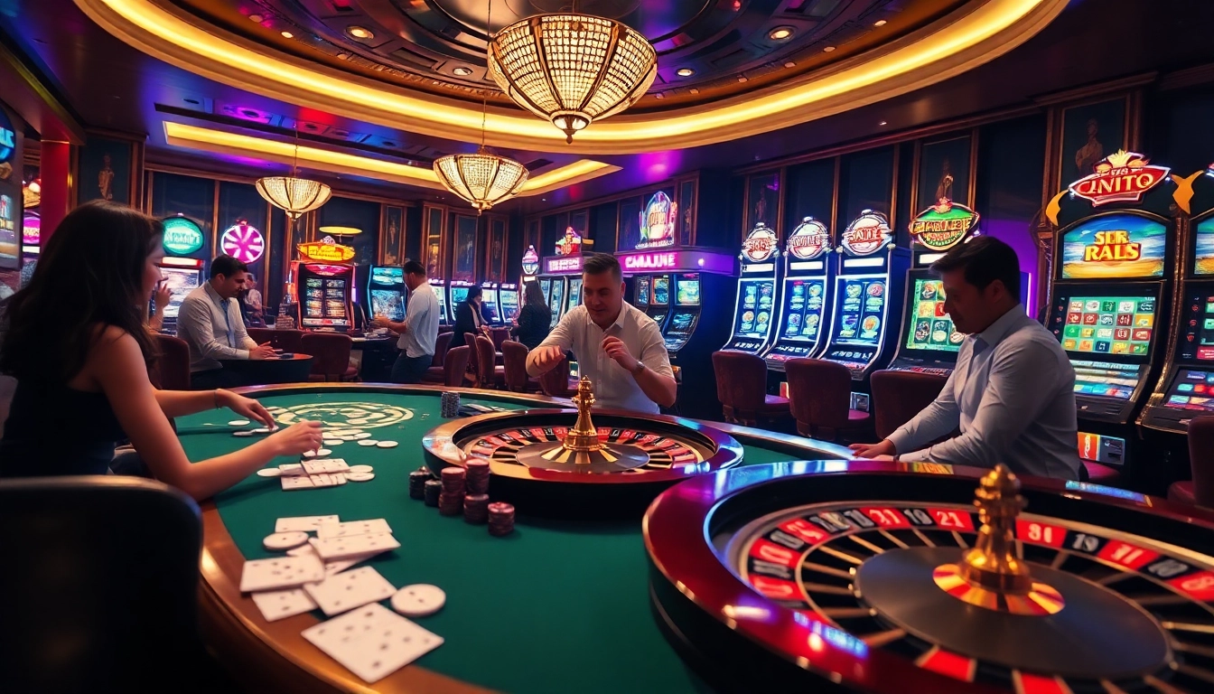 The thrilling atmosphere at https://jun88site.com/ captures players engaged at poker tables and slot machines in a luxurious casino setting.