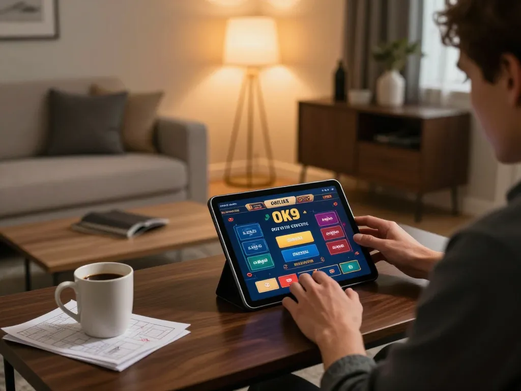Engaging in online gambling with Ok9 on a tablet in a cozy home setting.