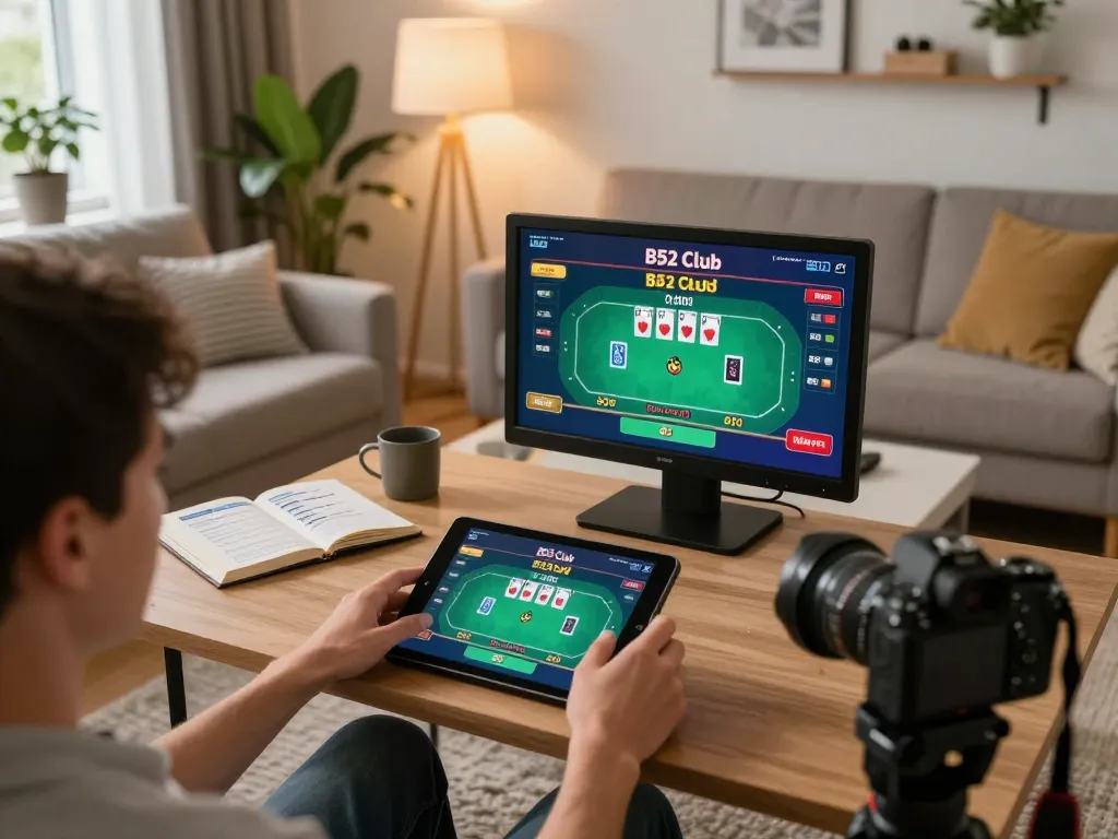 B52 Club home gaming scene with a player strategically enjoying poker on a tablet.