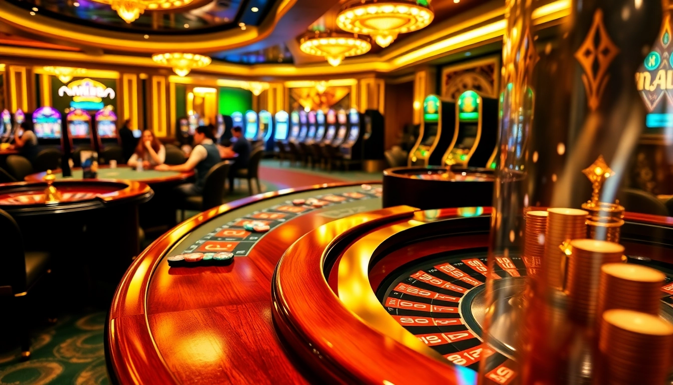 Experience the excitement at MM88 with vibrant casino tables and engaging players in a luxurious setting.