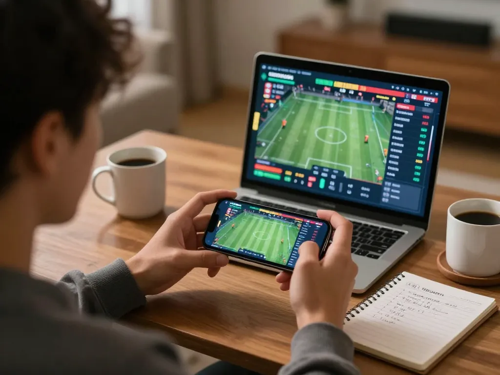 Terlibat dalam taruhan olahraga di aplikasi mobile sambil meninjau odds hoki link di rumah.