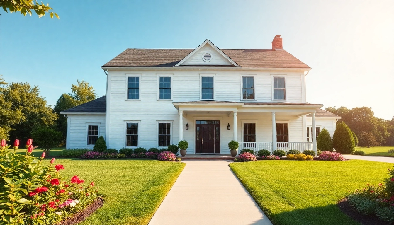 Showcasing a stunning colonial home new build construction amidst beautiful landscaping.
