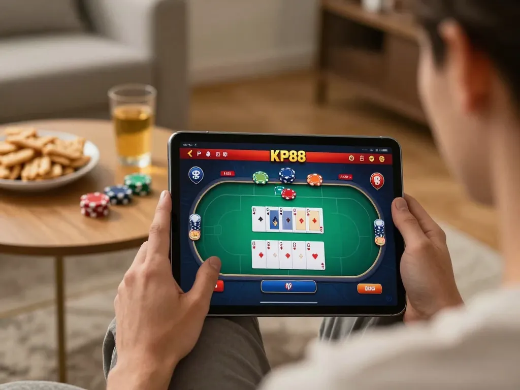 Playing KP88 online casino game on a tablet in a cozy home setup, depicting strategic gaming.