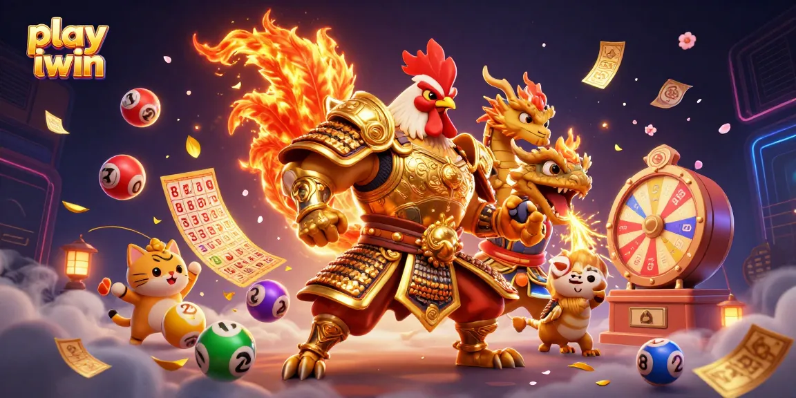 Play iwin games with excitement, featuring rooster warrior and dragon in a colorful gaming environment.
