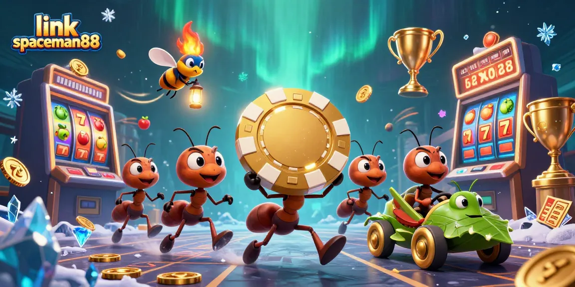 Explore the excitement of link spaceman88, as ants carry a giant poker chip amidst dynamic casino elements.