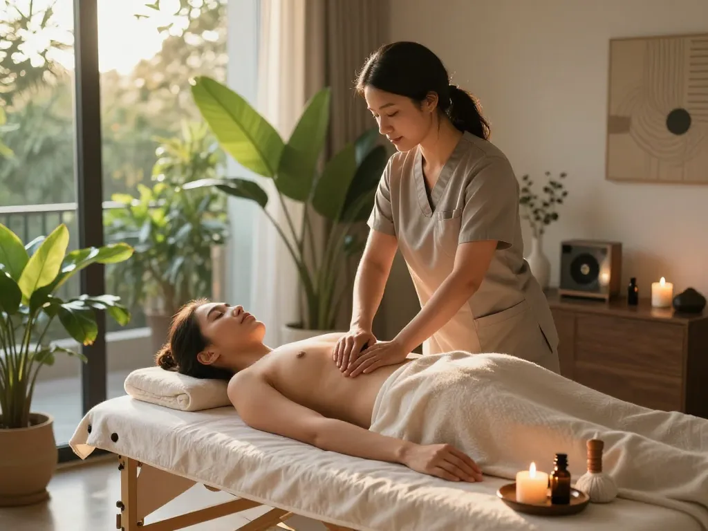 Professional massage therapy at home with a therapist from https://www.maxim-anma.net providing a calming Thai massage.