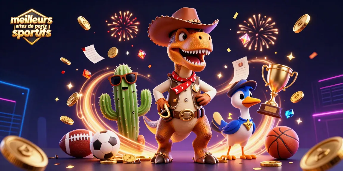 Découvrez les meilleurs sites de paris sportifs avec un T-Rex cowboy et des éléments de jeu captivants.