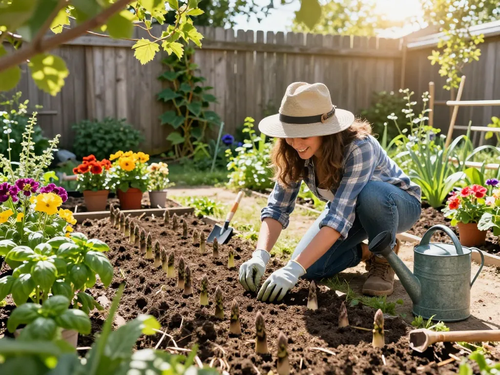 Gardener planting asparagus in a vibrant vegetable garden, showcasing techniques for asperges moestuin.