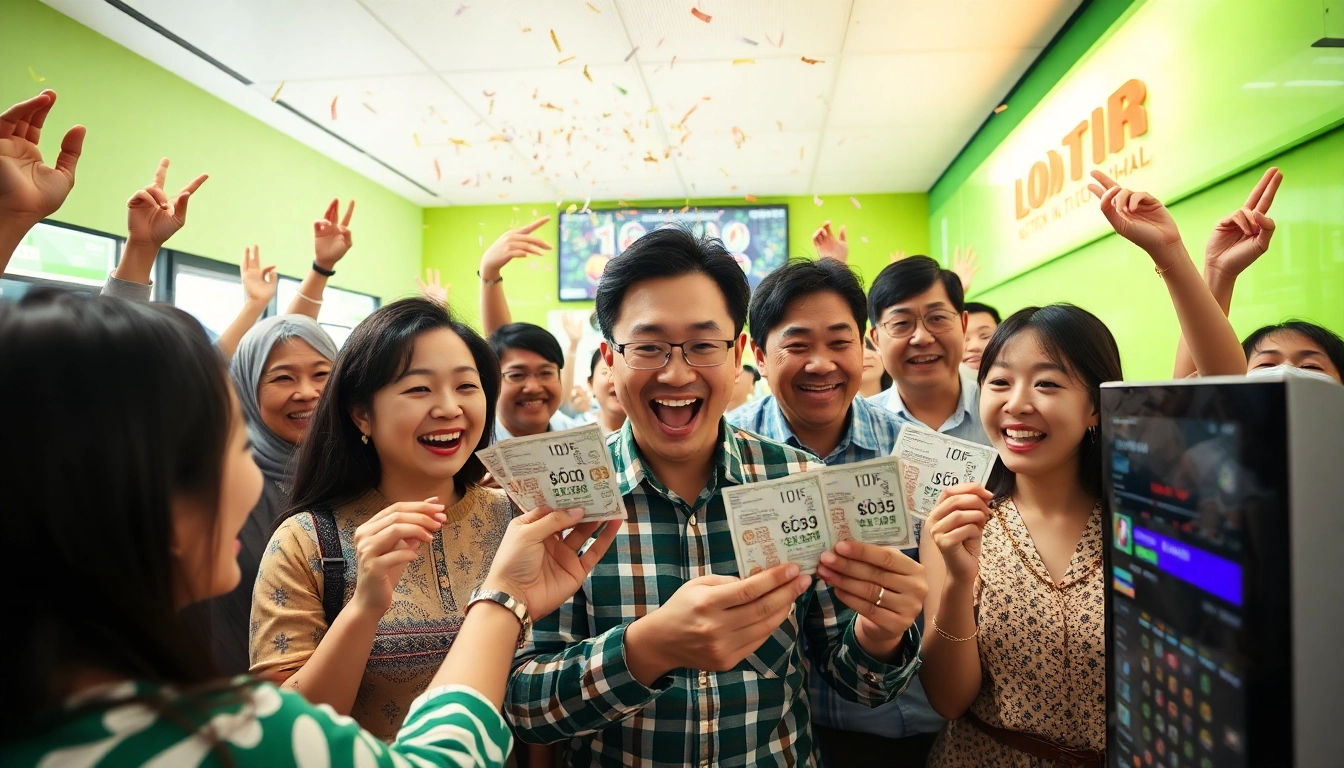 People celebrating with winning lottery tickets during "Song thủ lô" results