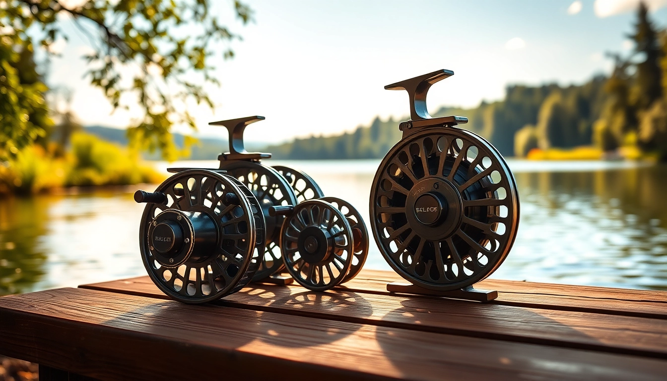 Showcase of the best fly fishing reels on a lakeside table, highlighting their features.