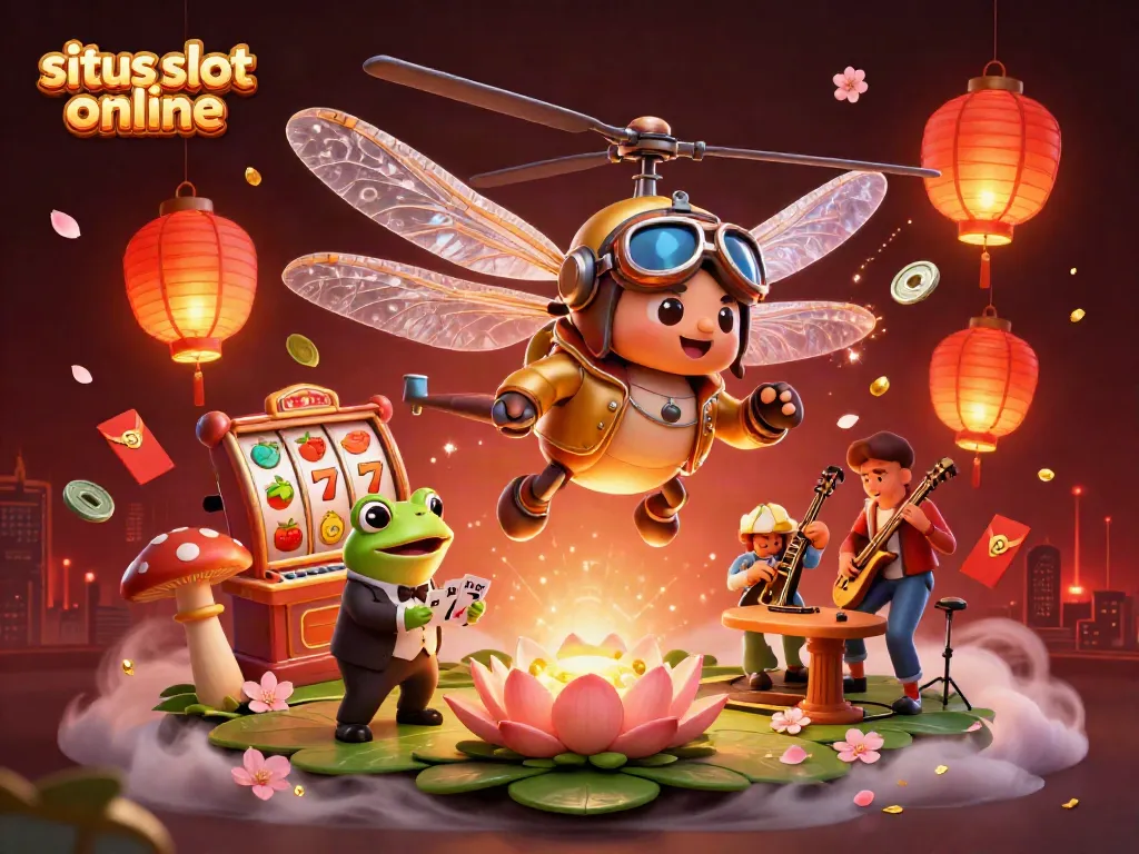 Memperlihatkan situs slot online dengan karakter kartun dan elemen permainan dalam ilustrasi 3D yang menarik.