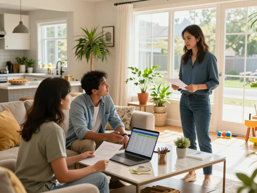 Couple discussing quick house sale with cash buyer in their home, vibrant interior and natural light.