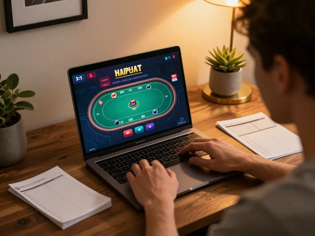Engaging in online casinos Canada with strategy notes at a cozy home setup