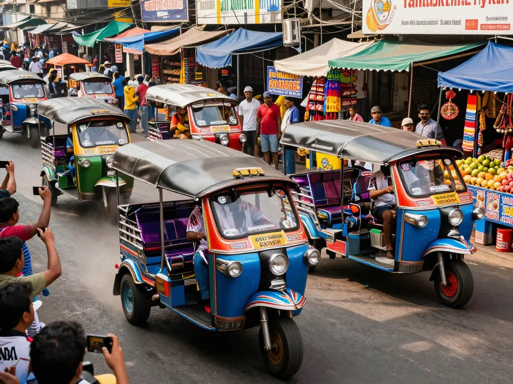 Thrilling tuk tuk drivers competition in an urban marketplace showcasing vibrant racers and enthusiastic crowds.