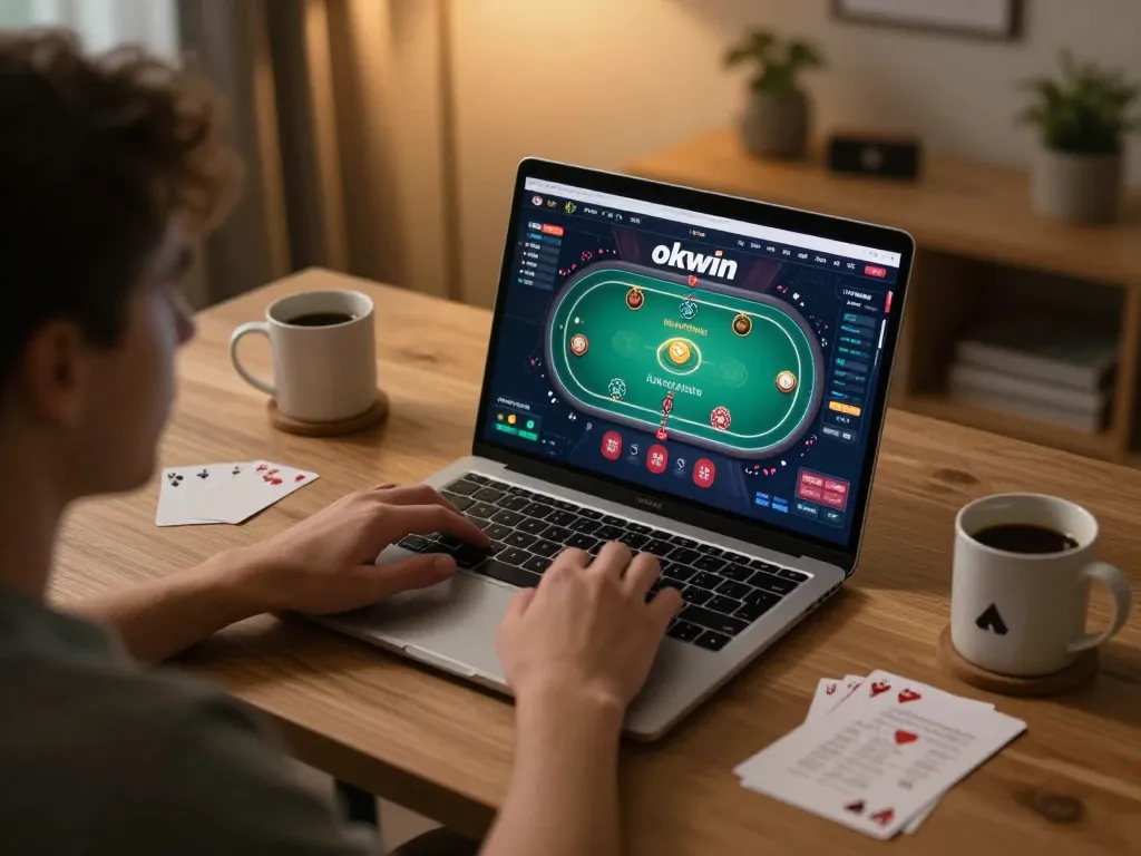 Player engaging in live poker action on okwin from a cozy home gaming setup.