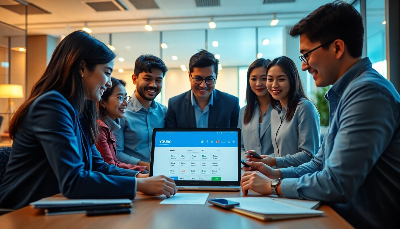 Youdao翻译 interface in a modern office with professionals collaborating on translation projects