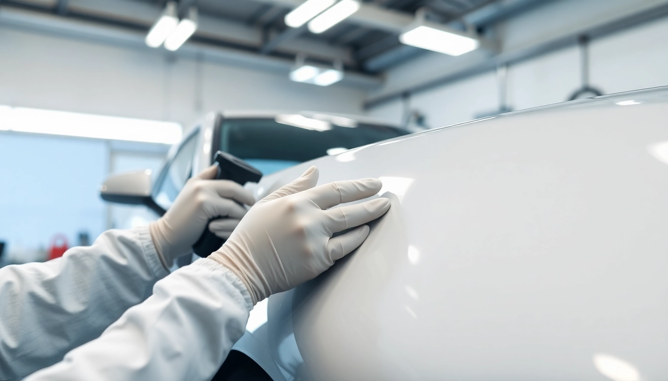 Applying salt protection ceramic coating to a car's surface in a clean garage.