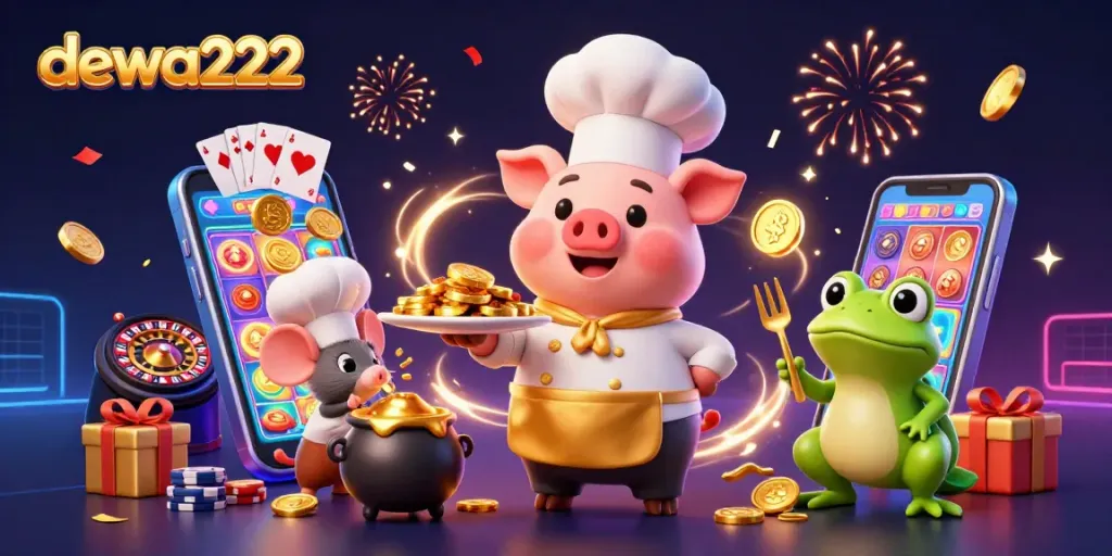 Experience dewa222's thrilling jackpot with our friendly chef pig and gaming characters in a vibrant casino atmosphere.
