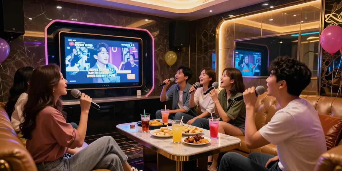 강남쩜오에서 프리미엄 노래방을 즐기는 친구들, 고급스러운 인테리어와 음료가 있는 스테이지 장면.