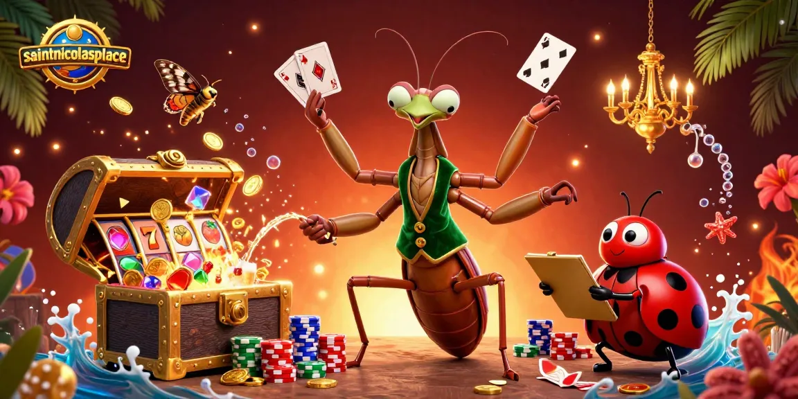 Experience the excitement of gambling at saintnicolasplace with a dynamic scene of a mantis dealer and a ladybug pit boss.