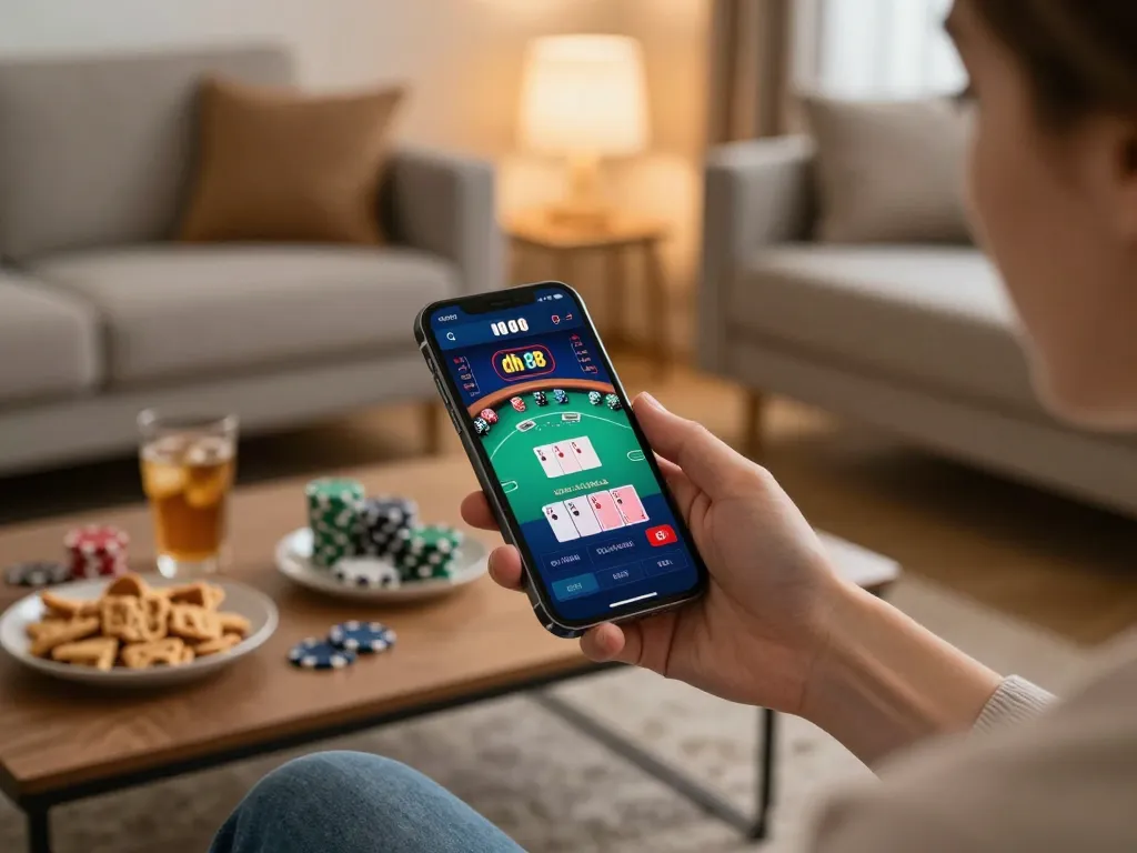 Player engaging with dh 88 online casino app on smartphone, live dealer game displayed in a cozy home setting.