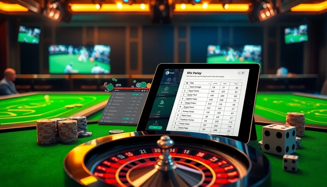 Mix parlay betting slip showcased among casino tables and vibrant betting atmosphere.