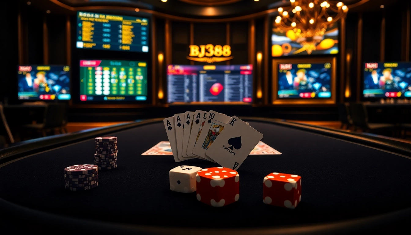 Experience the luxury of BJ388 online gambling with vibrant poker chips and elegant casino tables.