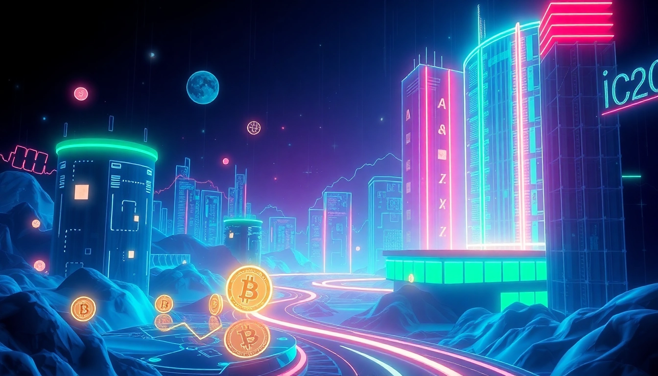 Visual representation of ICO concepts with vibrant cryptocurrency motifs, showcasing innovation in a digital landscape.