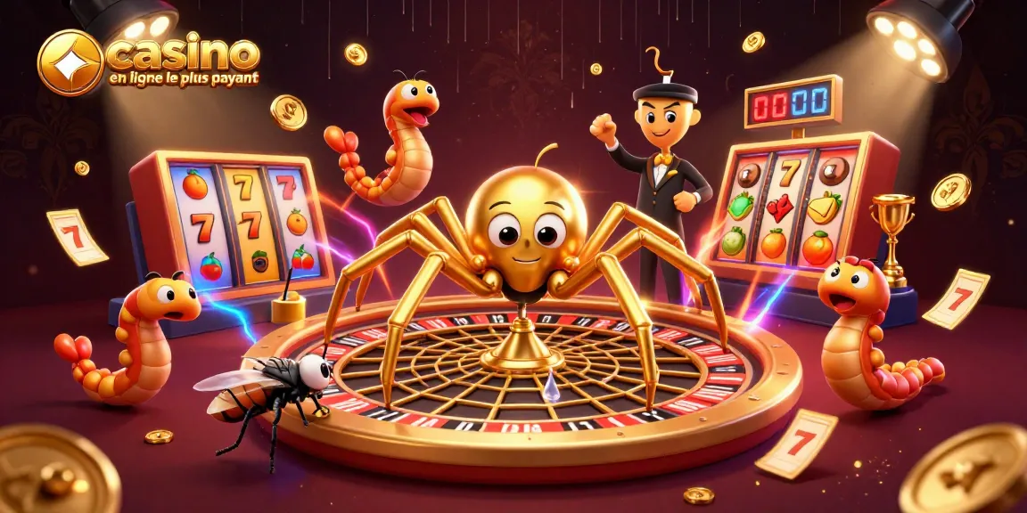 Le casino en ligne le plus payant mobilise une araignée d'or et une centipède croupier autour d'une roulette remplie de gains.