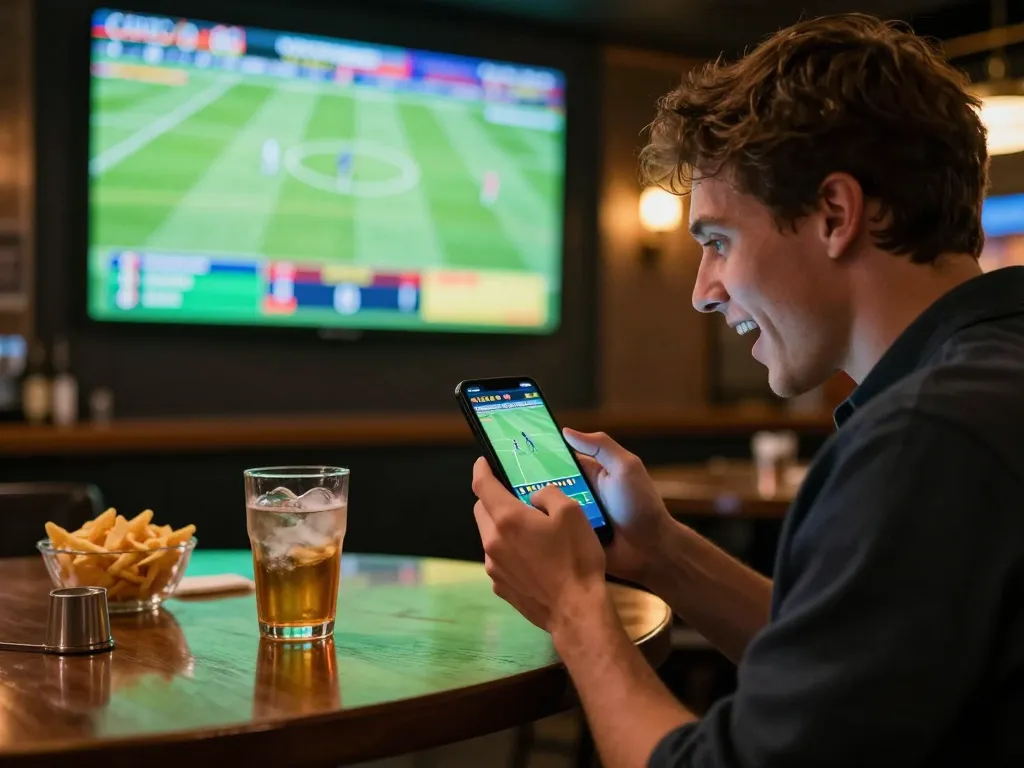 Excited patron at nhà cái 8xbet placing live sports bets in a vibrant setting
