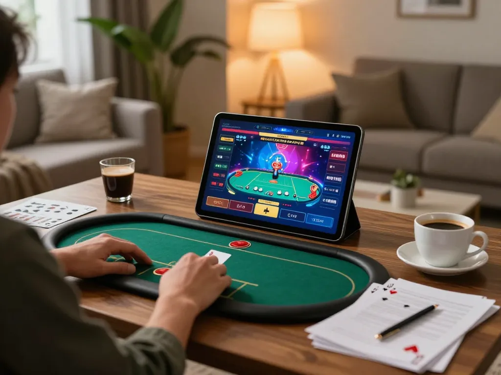 Engaging gameplay at 79king poker table on a tablet in a cozy home setup