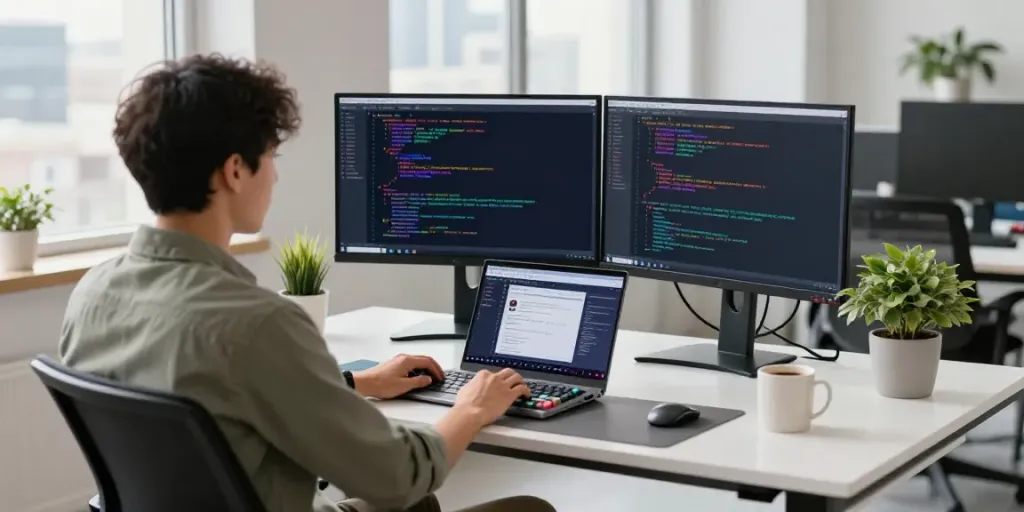 Developer coding with Notepad++ at a modern workspace on https://notepad-app.co/.