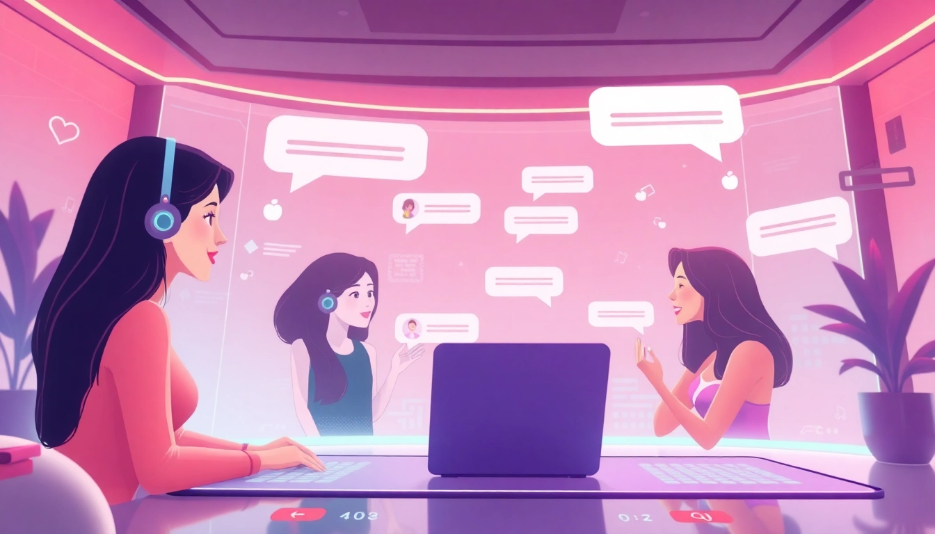 Engaging scene of a friendly sex chat AI interface with inviting characters and chat bubbles.