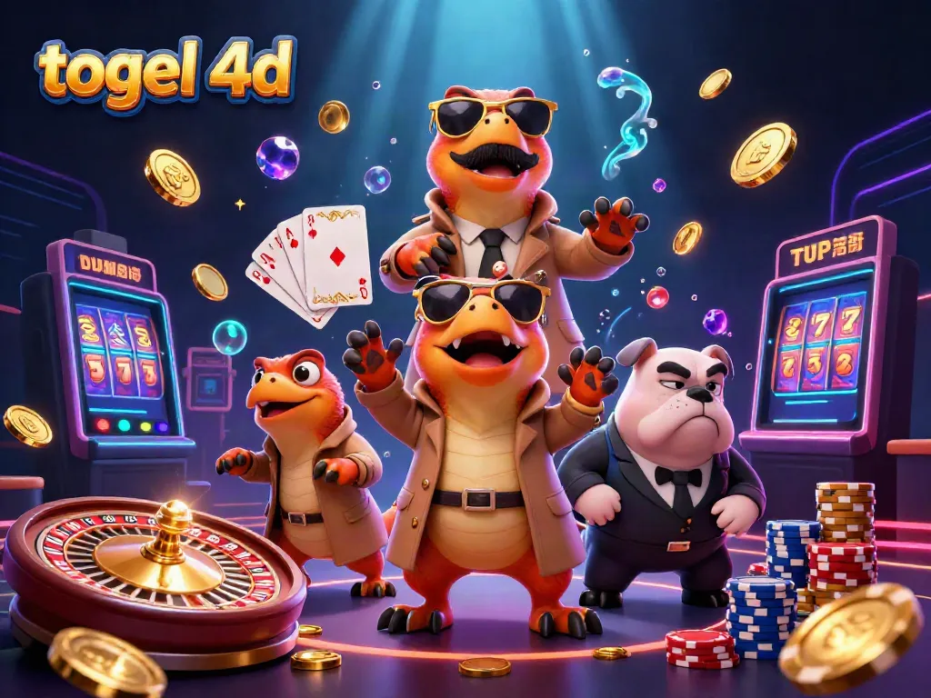 Experience the thrill of togel 4d with cartoon raptors trying to enter VIP casino, amidst a vibrant, dynamic scene.