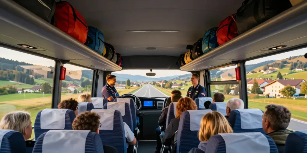 Transport Moldova Olanda — Pasageri călătoresc confortabil cu autobuzul, admirând peisajul european.