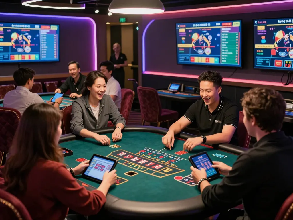 Excited players engaging with the live dealer at an interactive 바카라사이트, showcasing the modern online gambling experience.