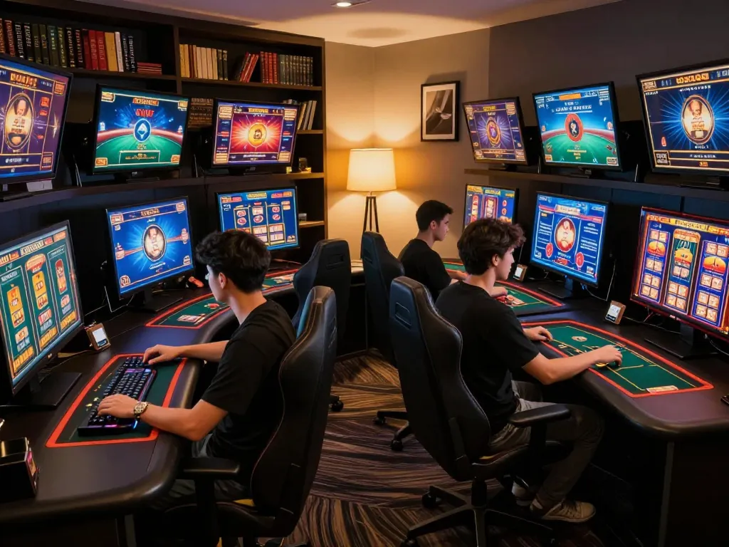 Bet88 player engaged in intense online gaming session with multiple screens and professional setup
