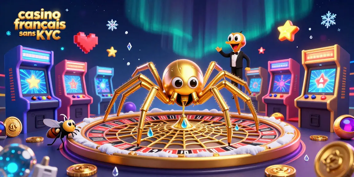 Illustrez le casino français sans KYC avec une araignée dorée et un croupier centipède dans un décor animé.