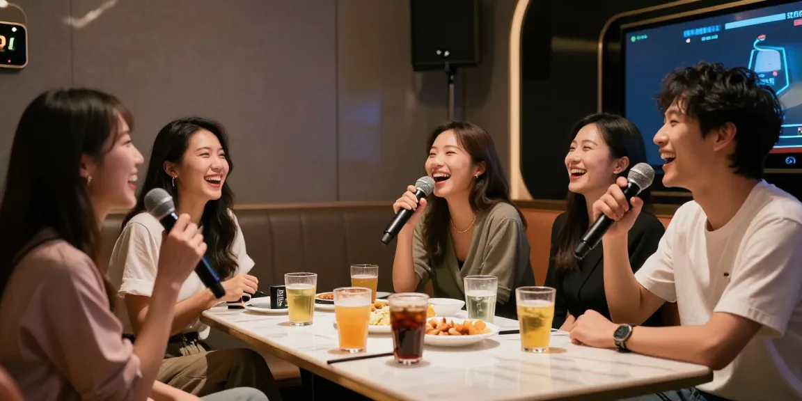 강남도파민에서 친구들과 함께 즐거운 시간을 보내는 모습, 아늑한 분위기의 가라오케 룸