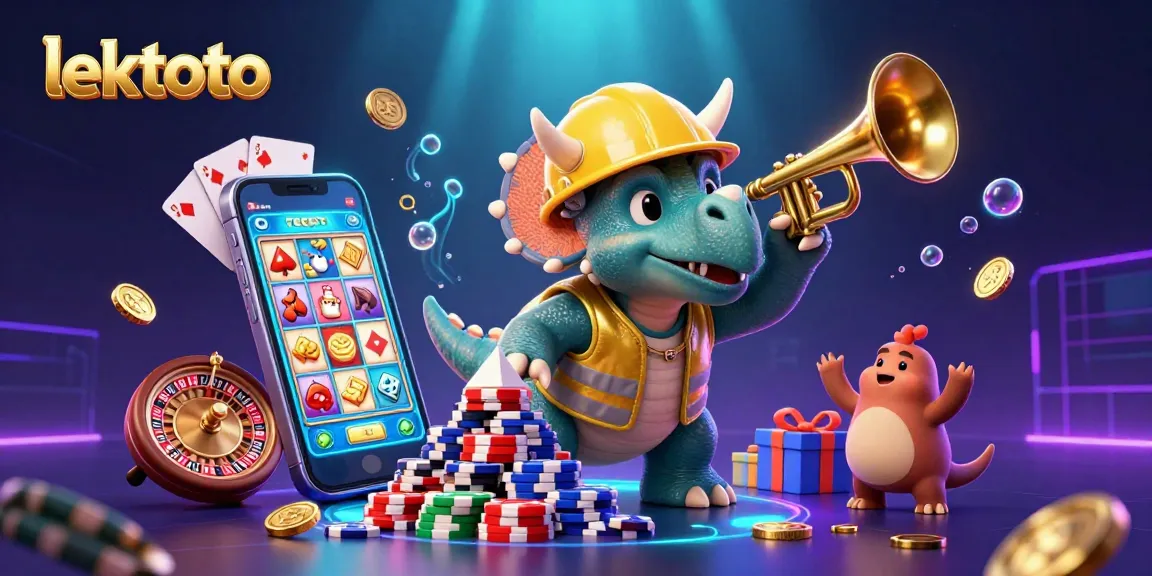 Experience lektoto's winning moments in a vibrant 3D casino scene celebrating with a triceratops and fun game elements.