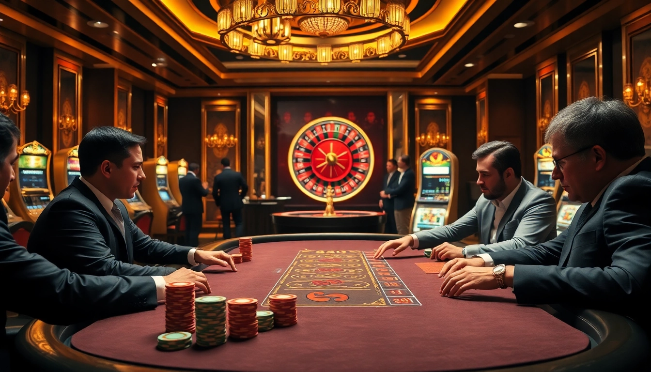 Découvrez l'excitation du casino en ligne alors que les joueurs s'engagent à une table de poker dynamique avec des jetons colorés.
