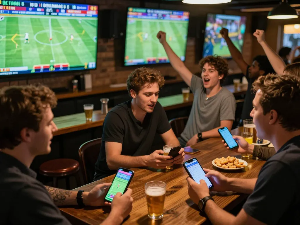 Xoilactv users passionately engaging in live sports betting at a lively venue, capturing the excitement and camaraderie.